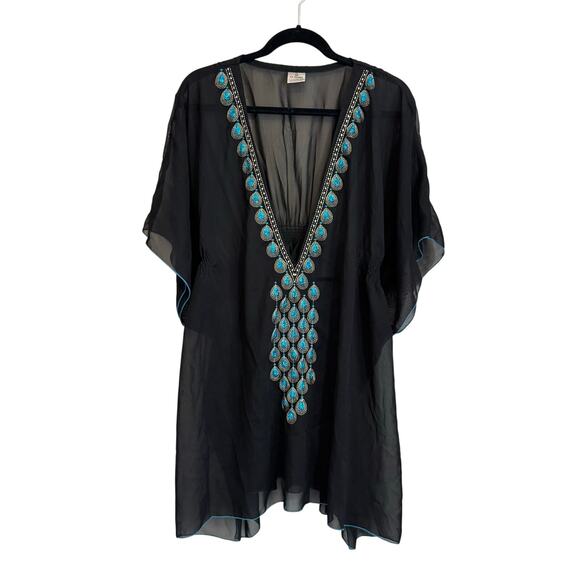 La La LeeLa Kaftan Cover Up Swimwear Dress OS Black Blue Teardrop Embroidered - Picture 1 of 8